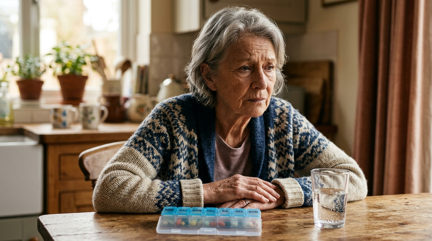 Personne âgée pensive devant un pilulier et un verre d'eau