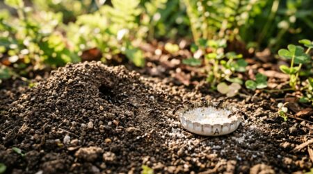 Fourmilière et coupelle de poudre blanche dans la terre