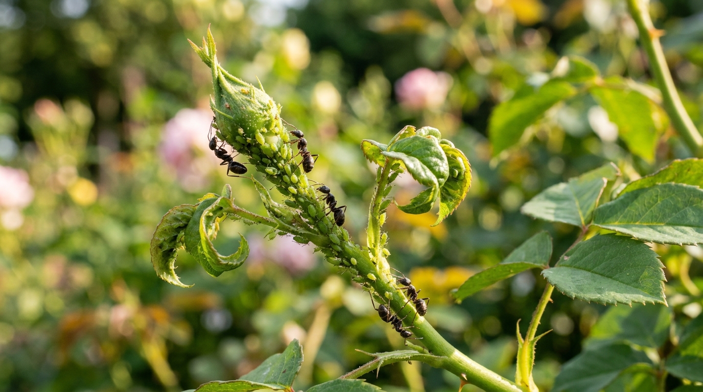 Fourmis et pucerons sur une tige de rosier