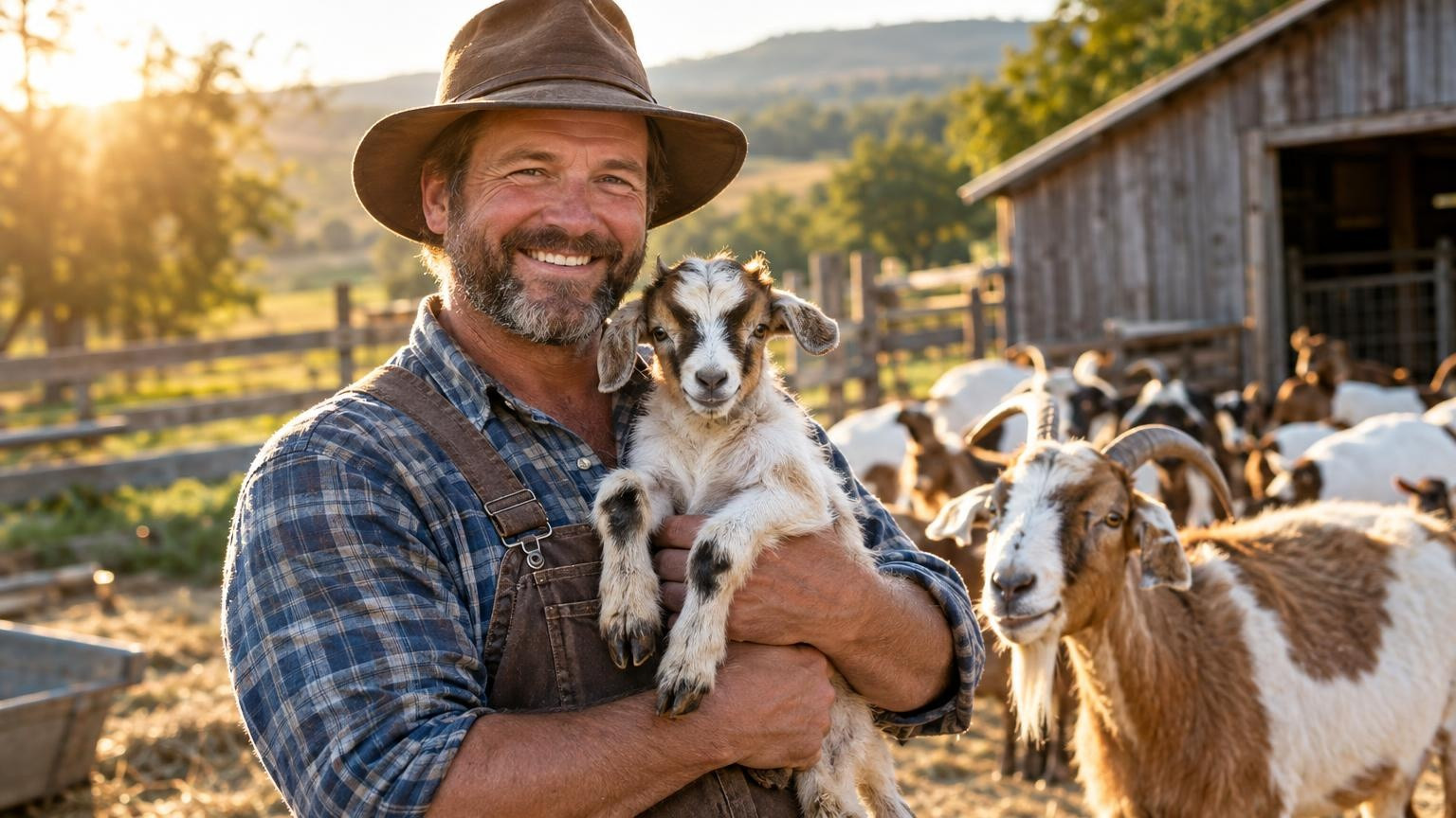 Fermier souriant tenant un chevreau dans une ferme