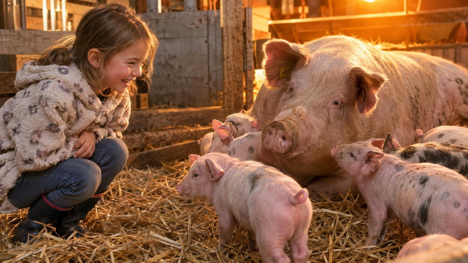 Enfant riant devant des porcelets et leur truie