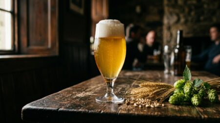 Verre de bière dorée entouré d'orge et de houblon