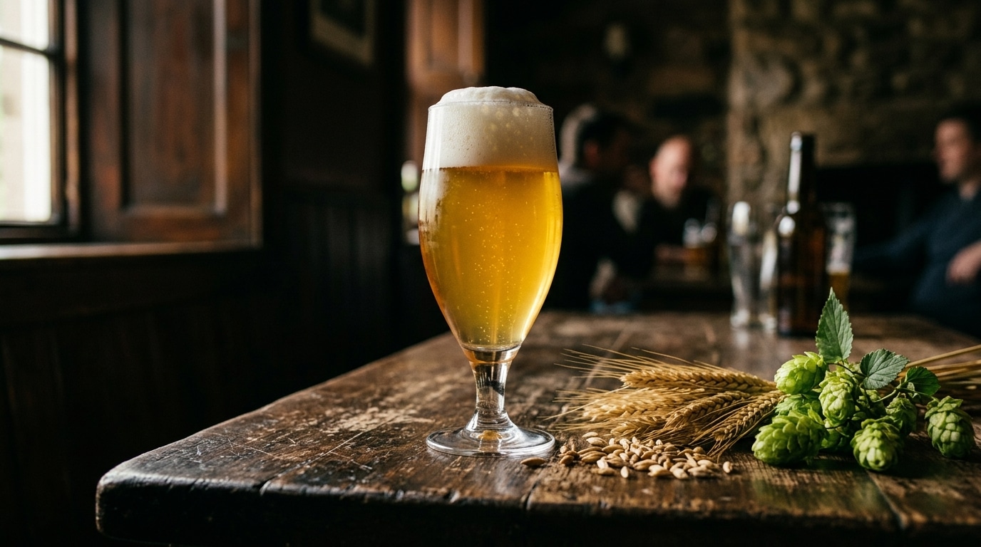 Verre de bière dorée entouré d'orge et de houblon