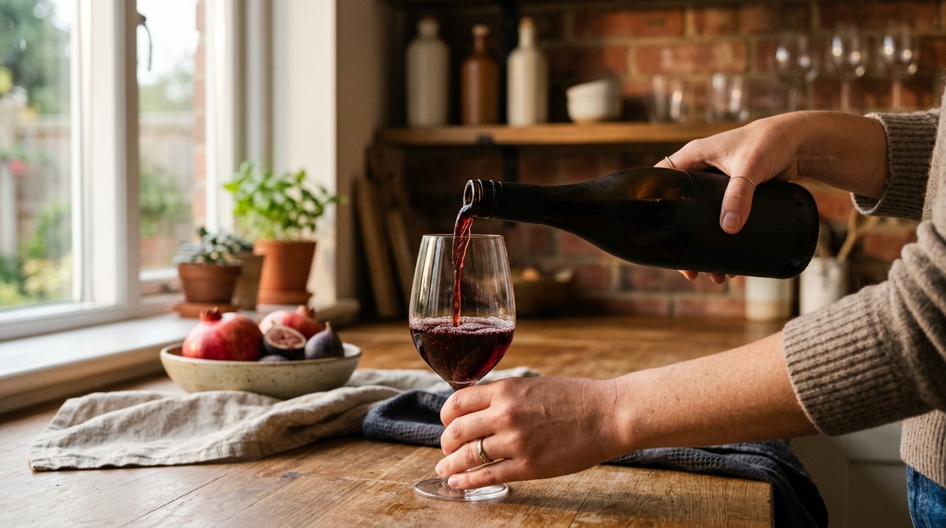 Mains versant une boisson rouge dans un verre