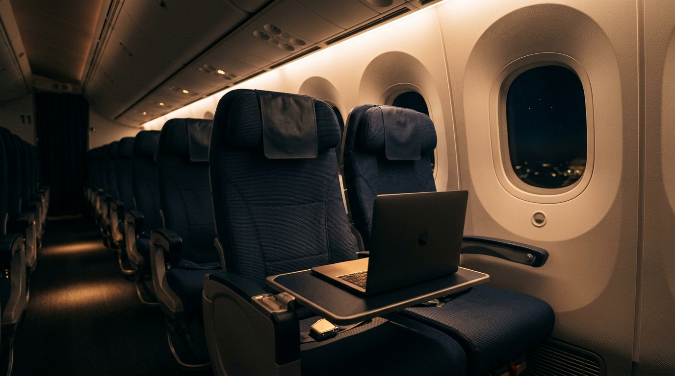 Cabine d'avion plongée dans la nuit, évoquant le vol long-courrier où l'idée du biopic est née