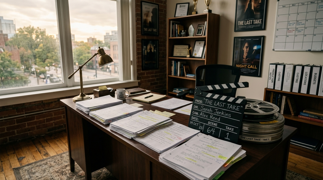 Bureau de production cinématographique avec scénario et clap, symbole des coulisses du biopic