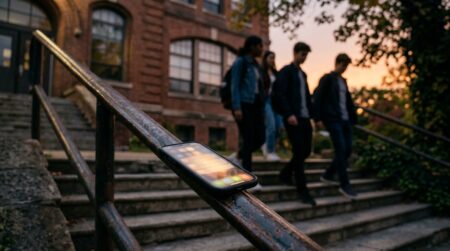Smartphone posé sur une rambarde devant des silhouettes floues