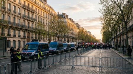 Barrières de police et cortège lointain sur une avenue parisienne