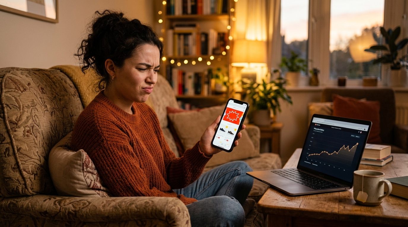 Femme sceptique devant une promo affichée sur smartphone
