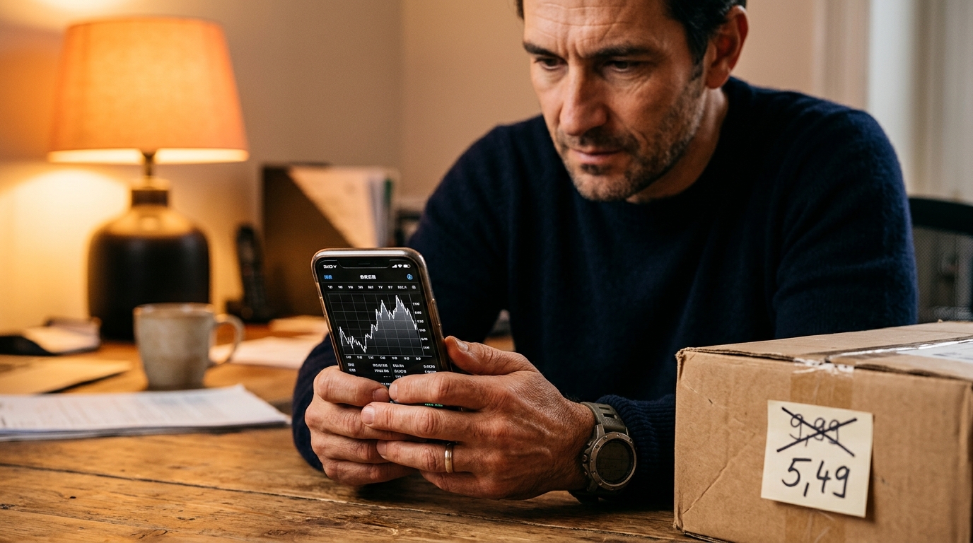 Mains tenant un smartphone avec une courbe d'historique de prix