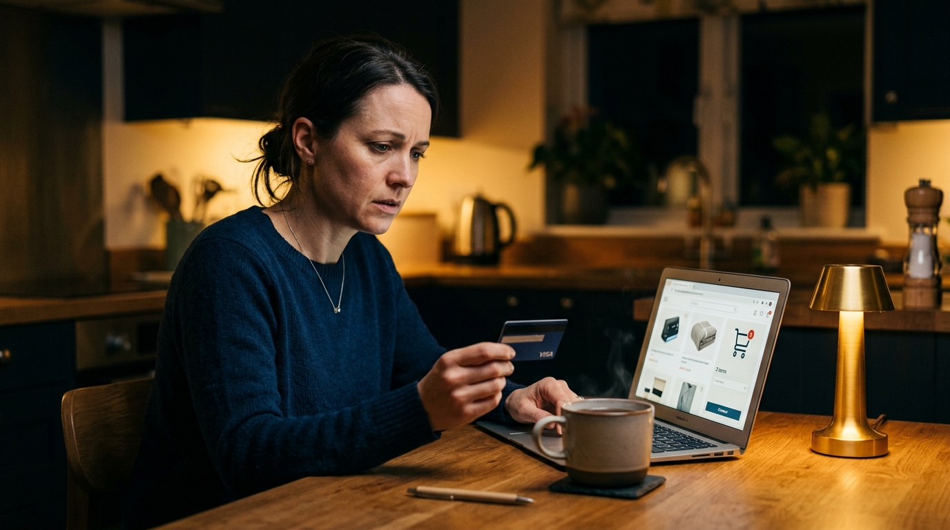Femme vérifiant sa carte bancaire devant un panier en ligne
