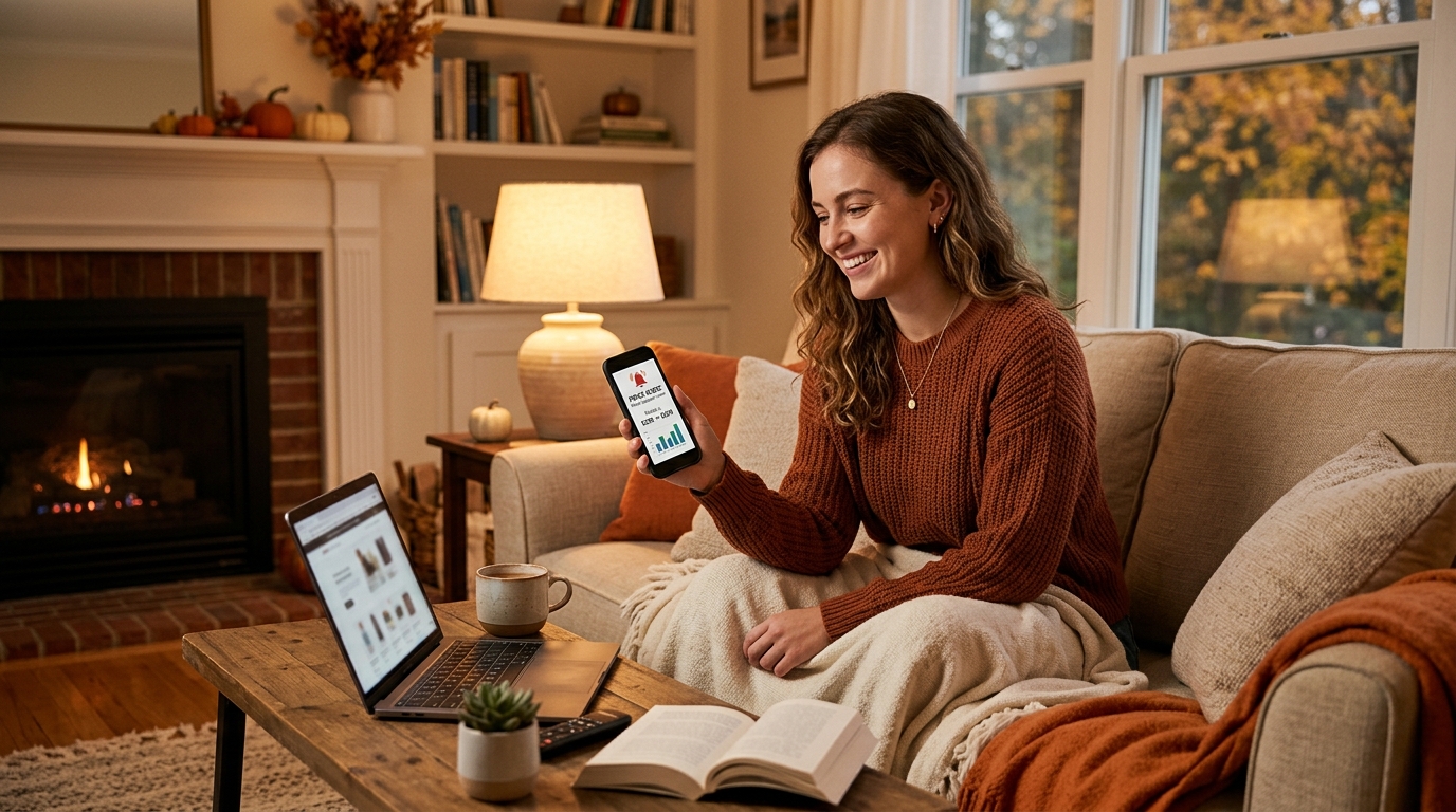 Femme consultant une alerte de prix sur son smartphone