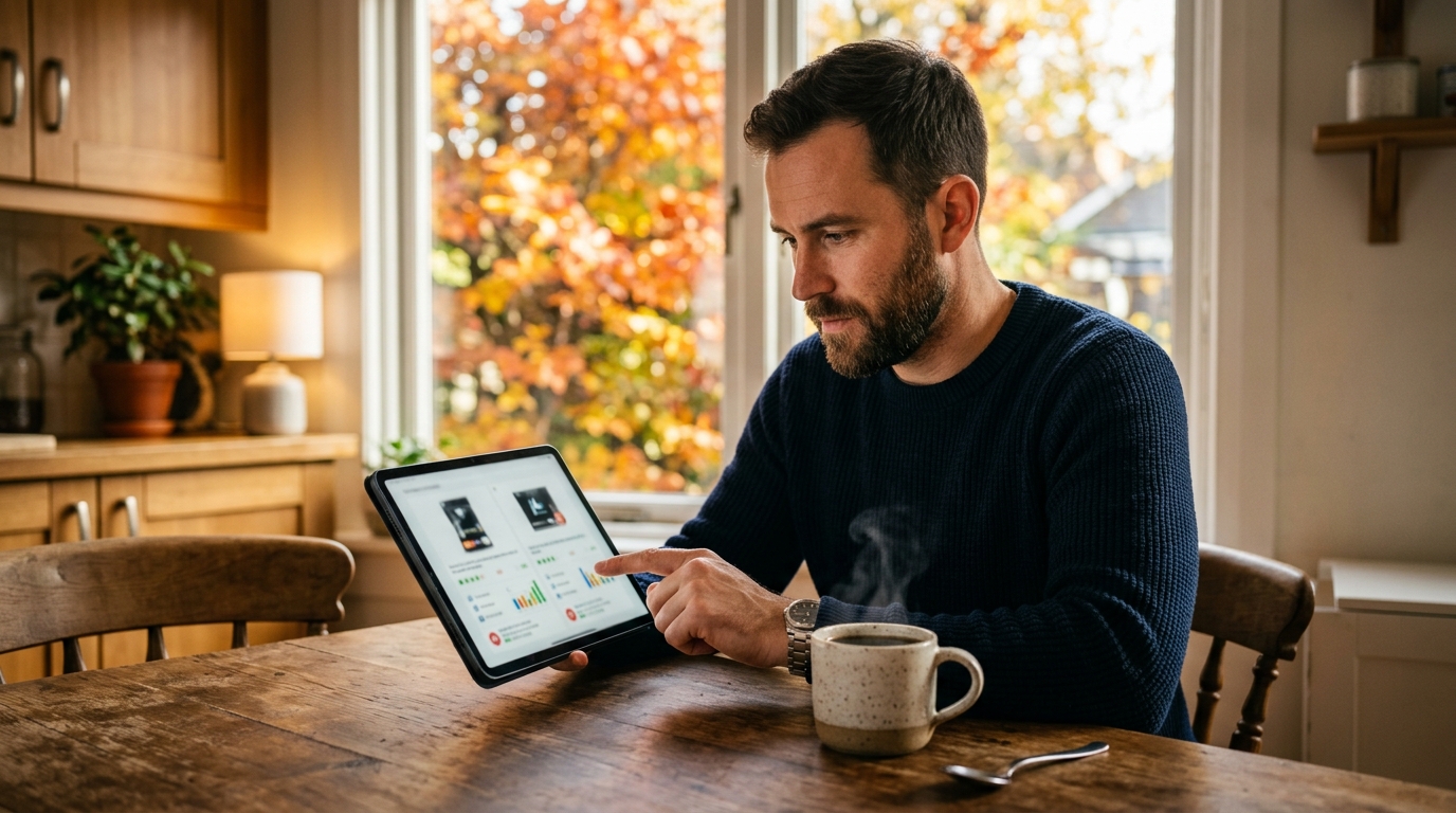 Homme comparant des produits sur une tablette en automne