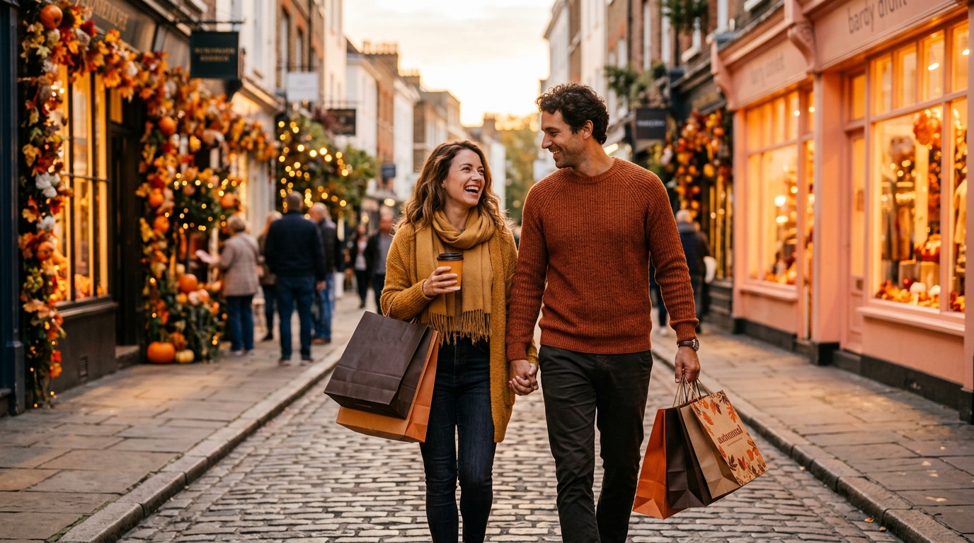 Couple faisant du shopping dans une rue en automne