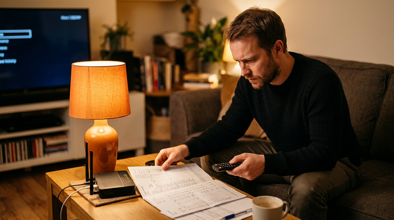 Homme comparant ses abonnements et son relevé bancaire