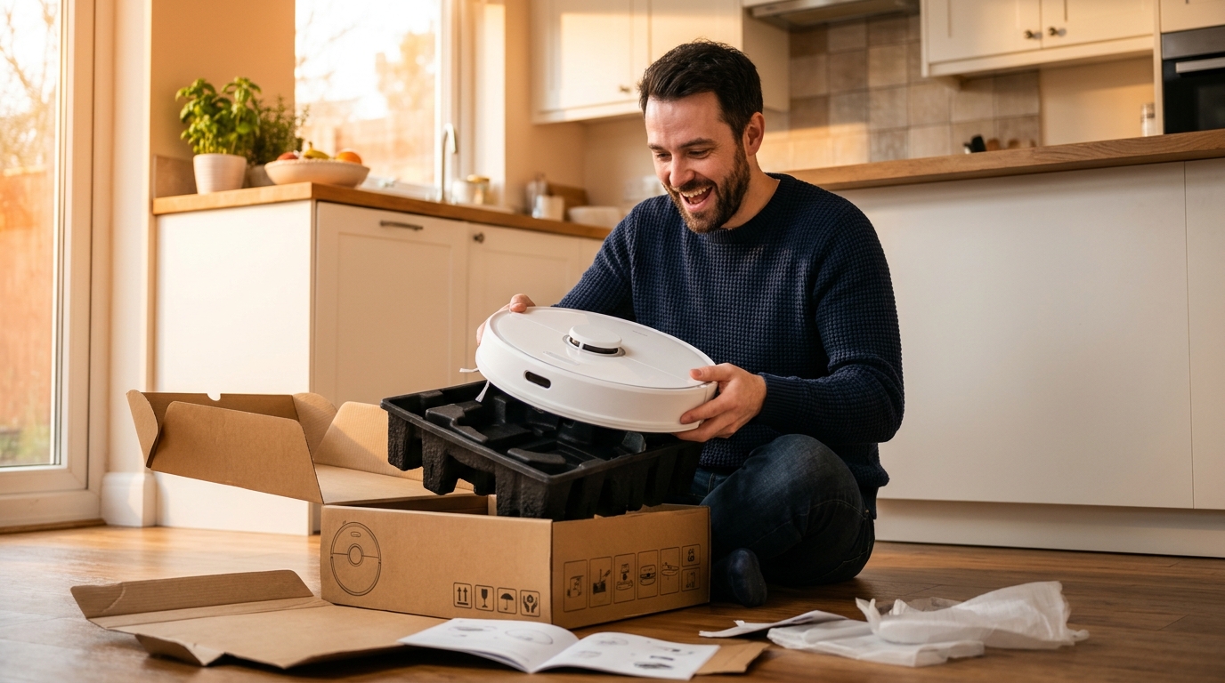 Homme déballant un aspirateur robot dans sa cuisine