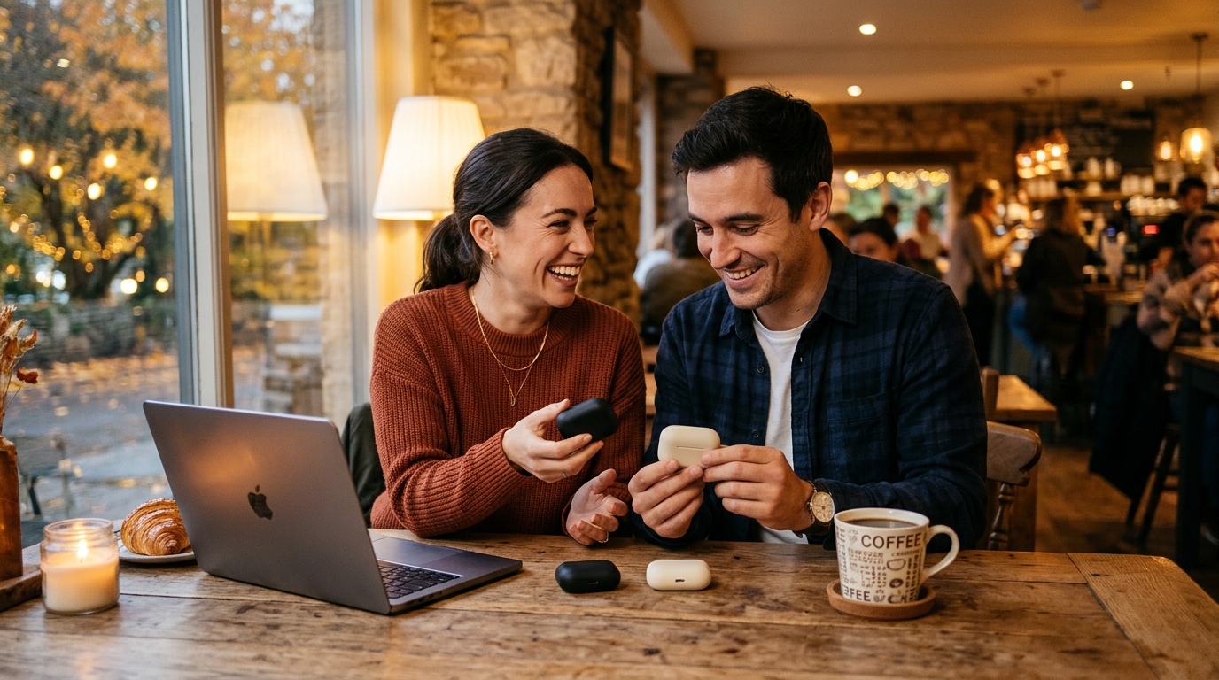 Couple comparant des écouteurs sans fil avant un achat
