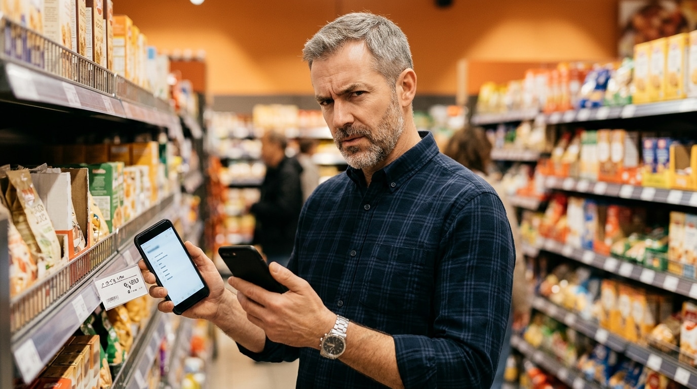 Homme comparant une étiquette de prix avec son téléphone en magasin