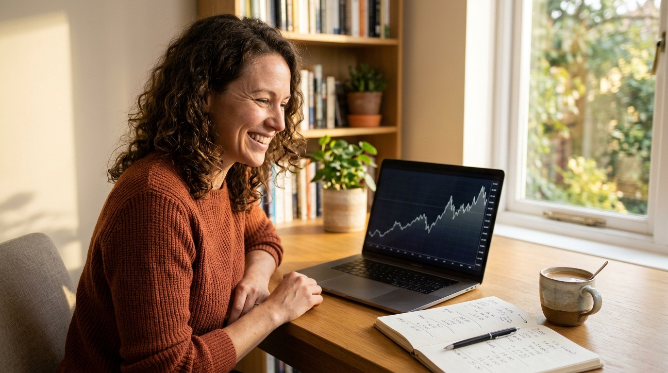 Femme consultant un historique de prix sur son ordinateur