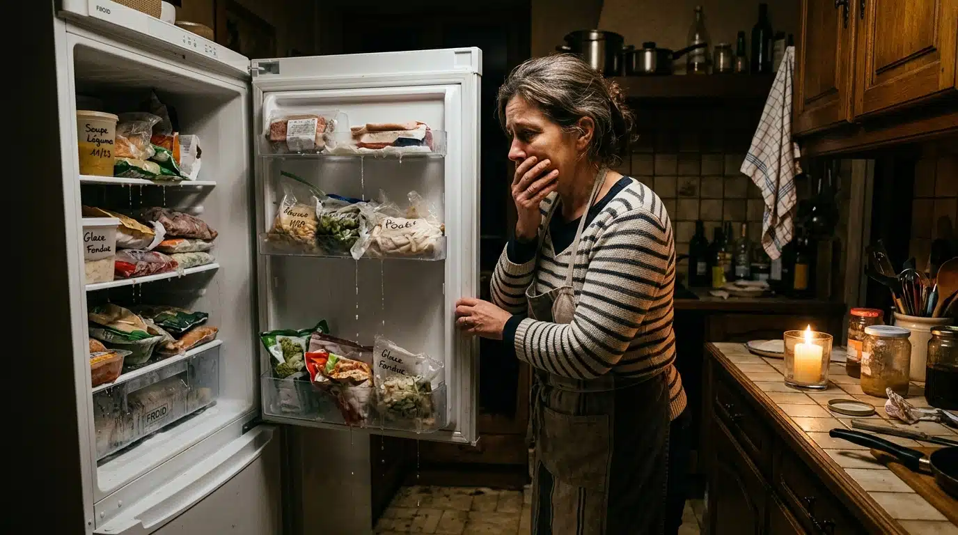 Femme inquiète devant un congélateur décongelé