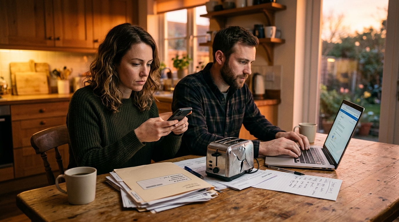Couple préparant un dossier d'assurance après une coupure