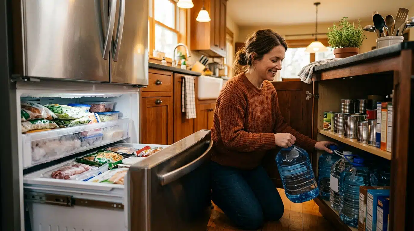 Femme rangeant bouteilles d'eau et conserves dans un placard de cuisine