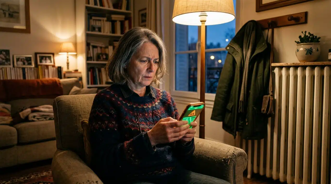 Femme consultant une alerte électricité sur son téléphone