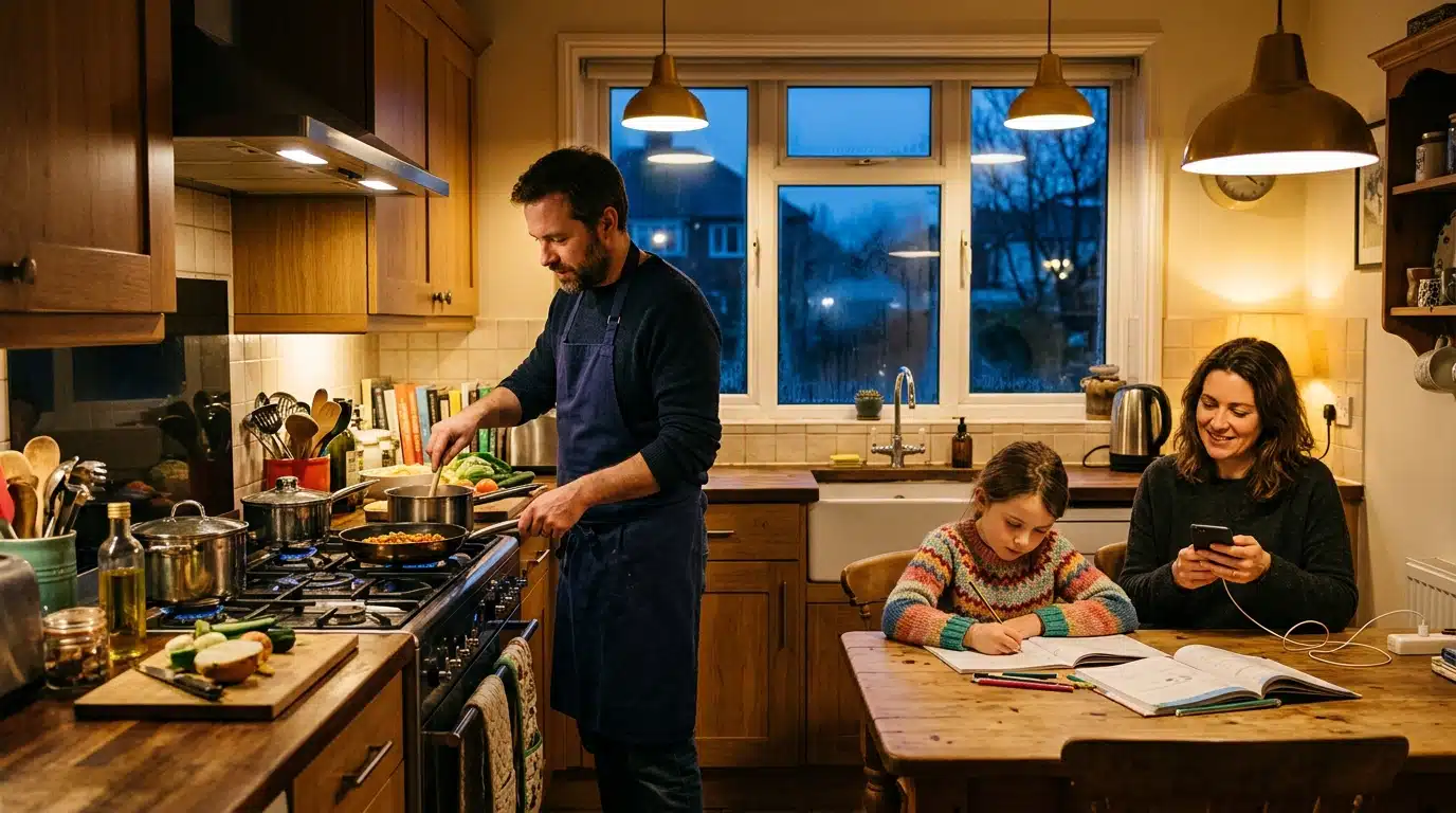 Famille en cuisine au moment du pic de consommation du soir