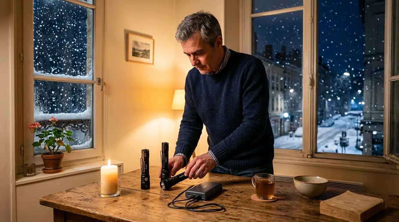 Homme préparant lampes et batteries la veille d'un pic de froid