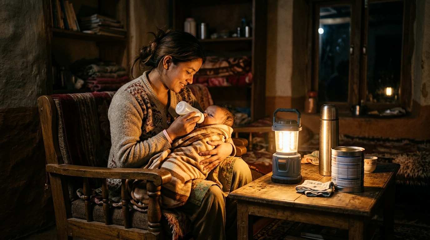 Mère nourrissant son bébé à la lueur d'une lanterne