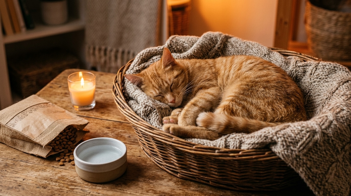 Chat au chaud dans son panier avec une bouillotte