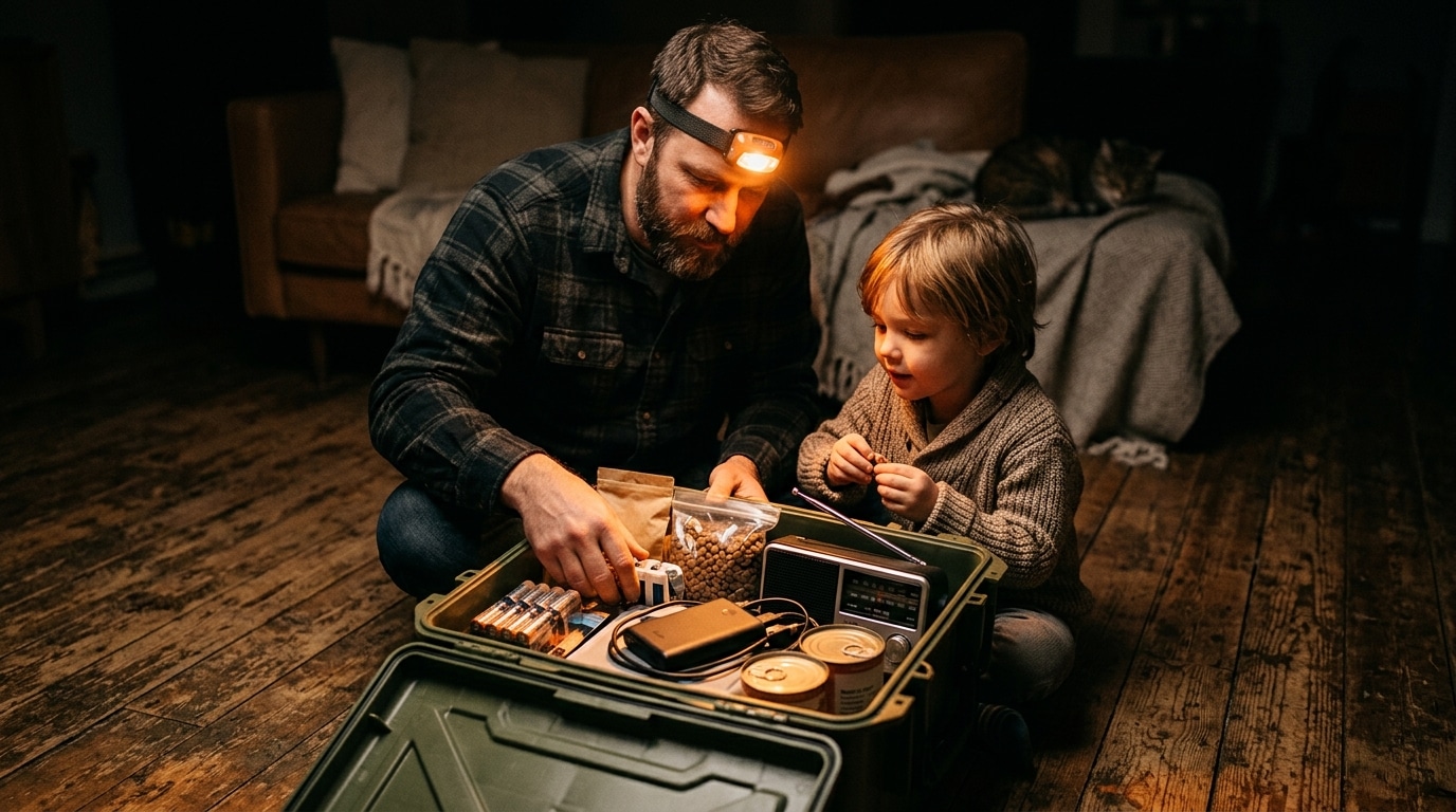 Père et enfant préparant une caisse d'urgence à la maison