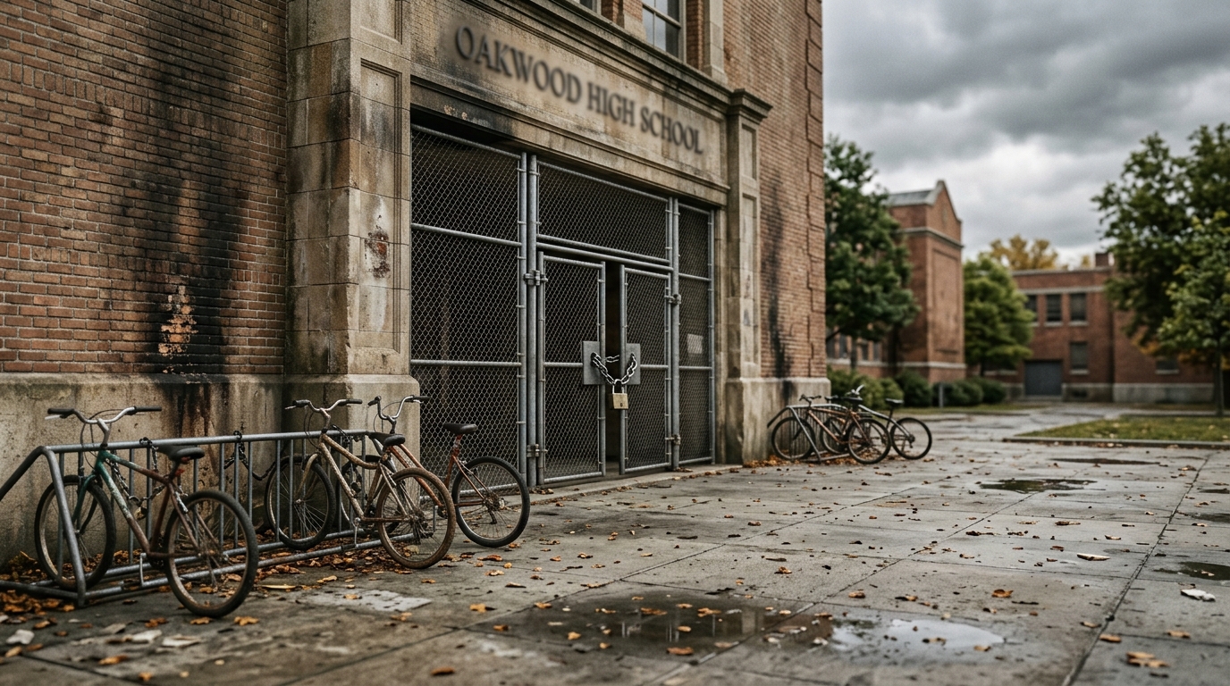 Portail de lycée cadenassé et façade noircie, cour vide