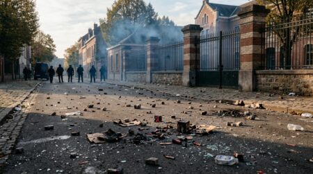 Rue devant un lycée jonchée de débris et de fumée