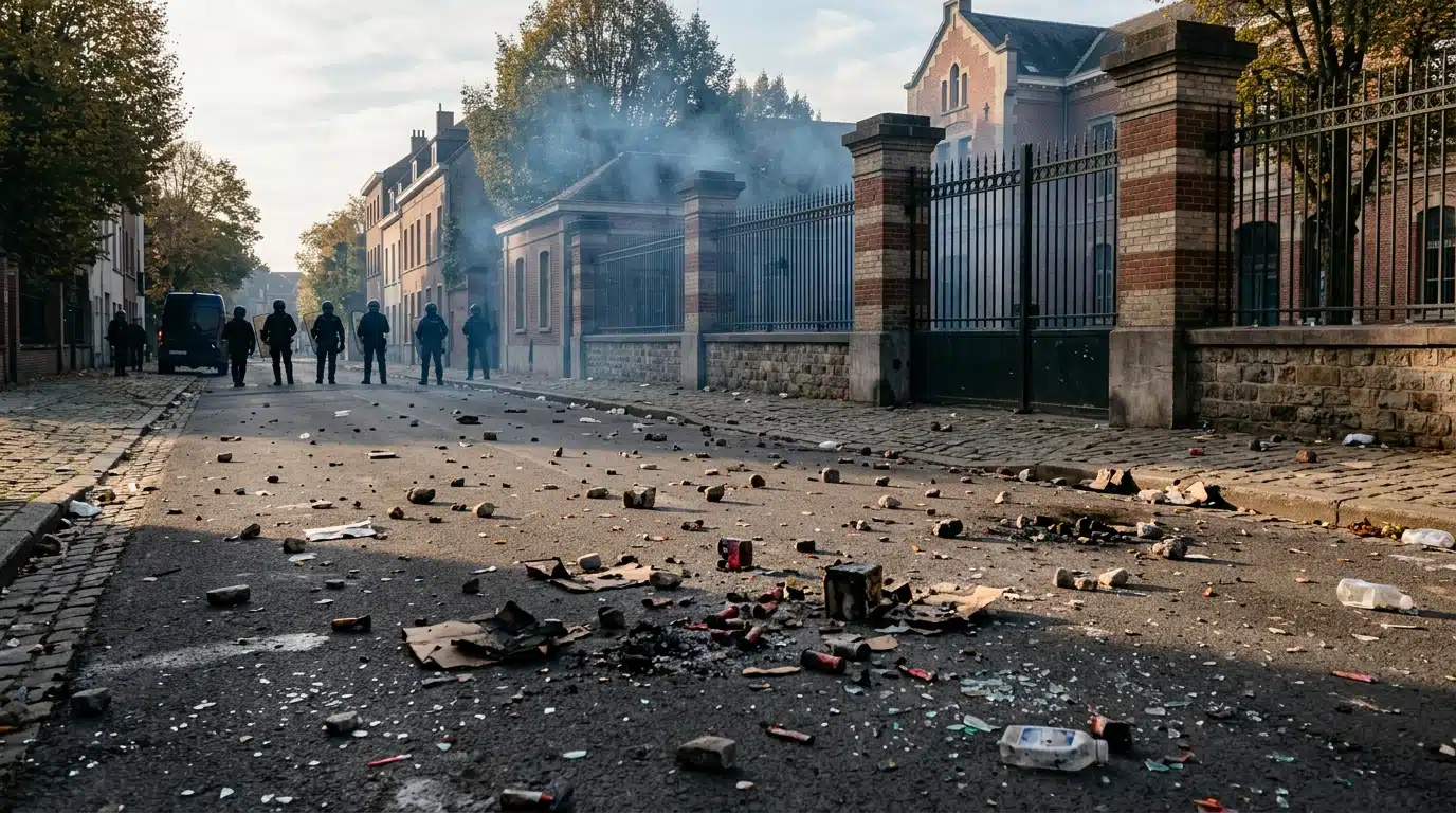 Rue devant un lycée jonchée de débris et de fumée