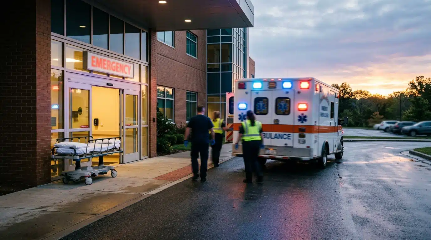 Entrée des urgences d'un hôpital avec ambulance floue