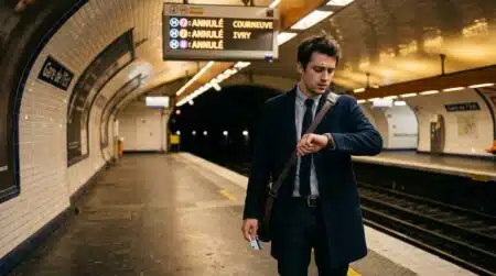 Salarié inquiet sur un quai de métro vide un matin de grève