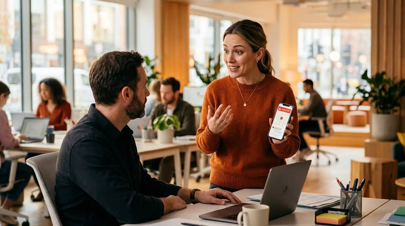 Salariée expliquant son retard à son manager au bureau