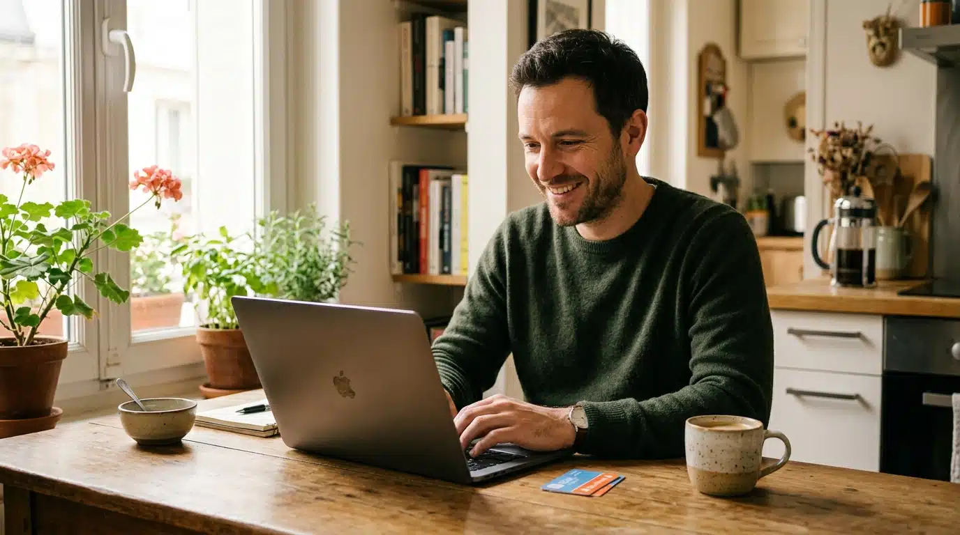 Télétravailleur à son domicile avec un pass Navigo sur la table