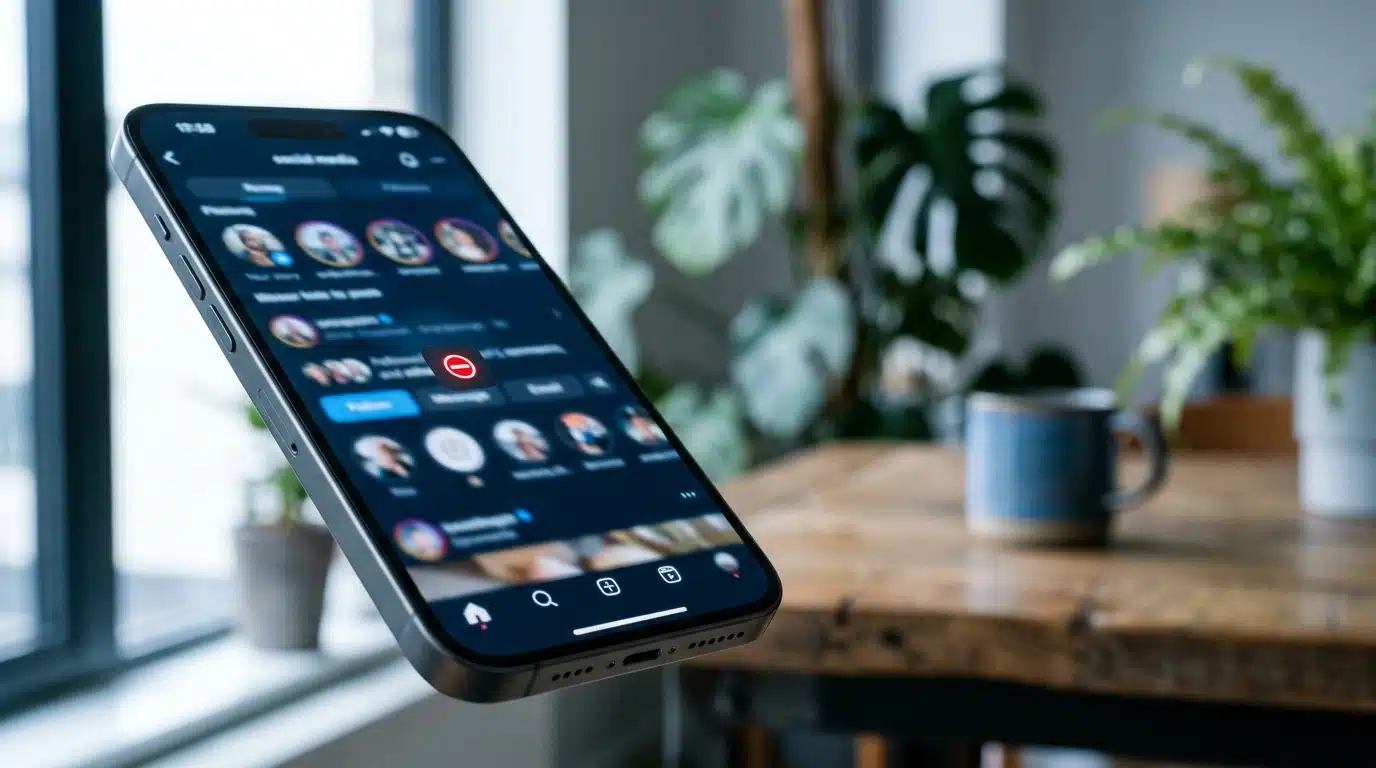 Écran de smartphone flou avec une icône de blocage, ambiance réseaux sociaux