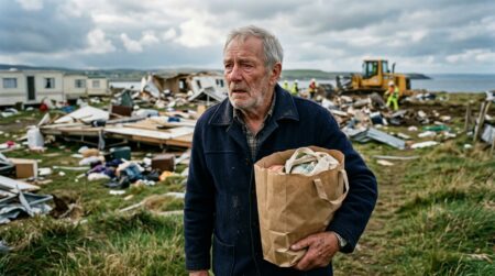 Retraité sidéré tenant un sac de courses devant des décombres