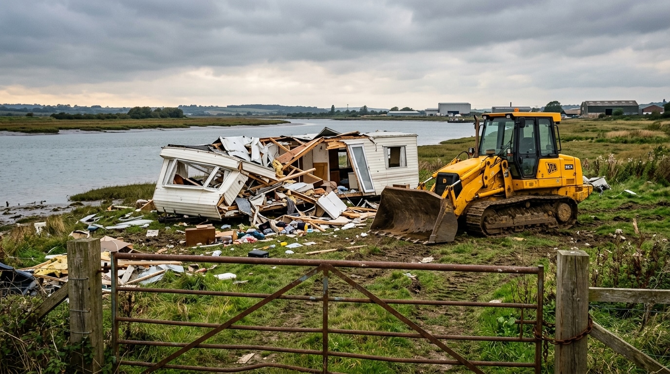 Bulldozer près des restes d'une caravane écrasée sur un terrain