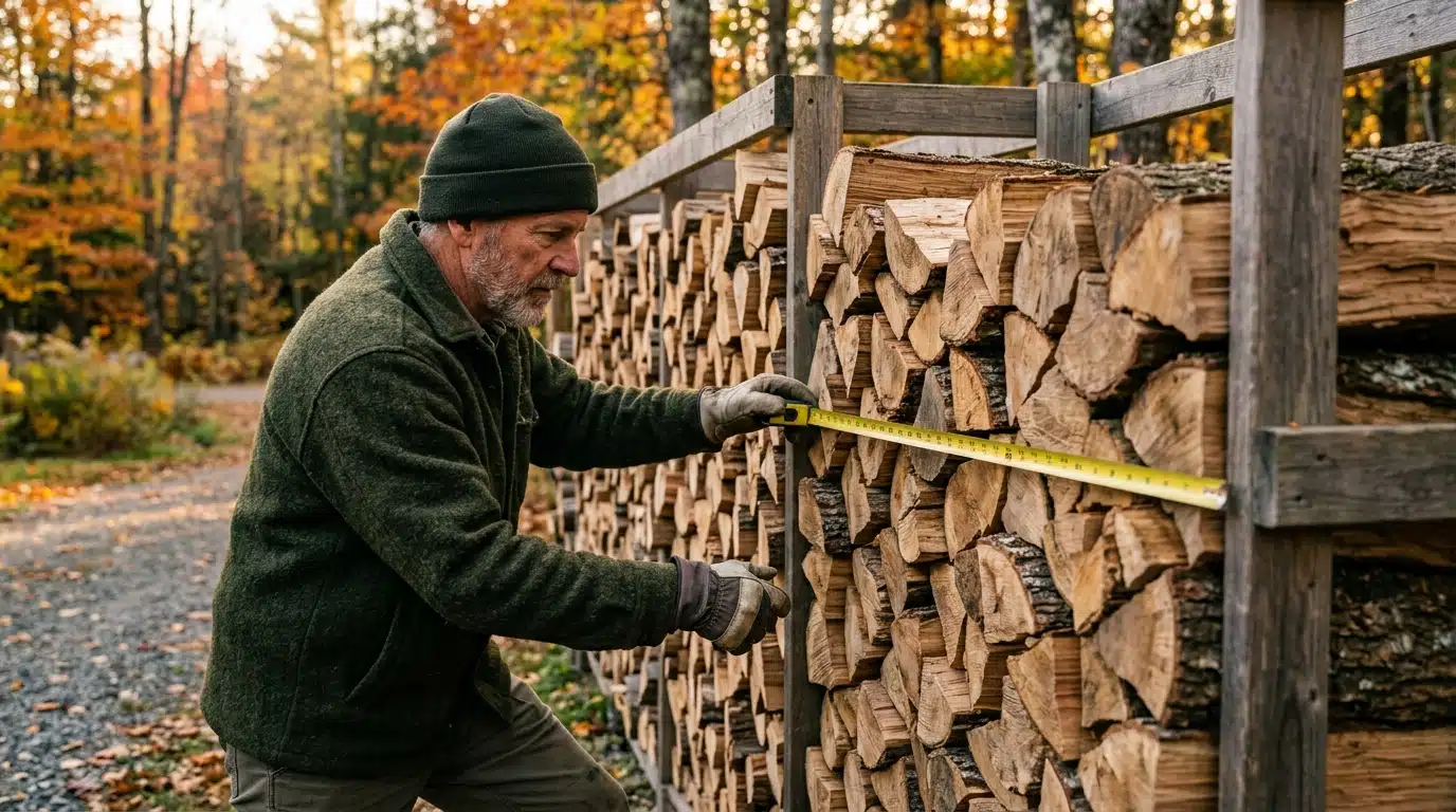 Homme mesurant un stère de bois empilé