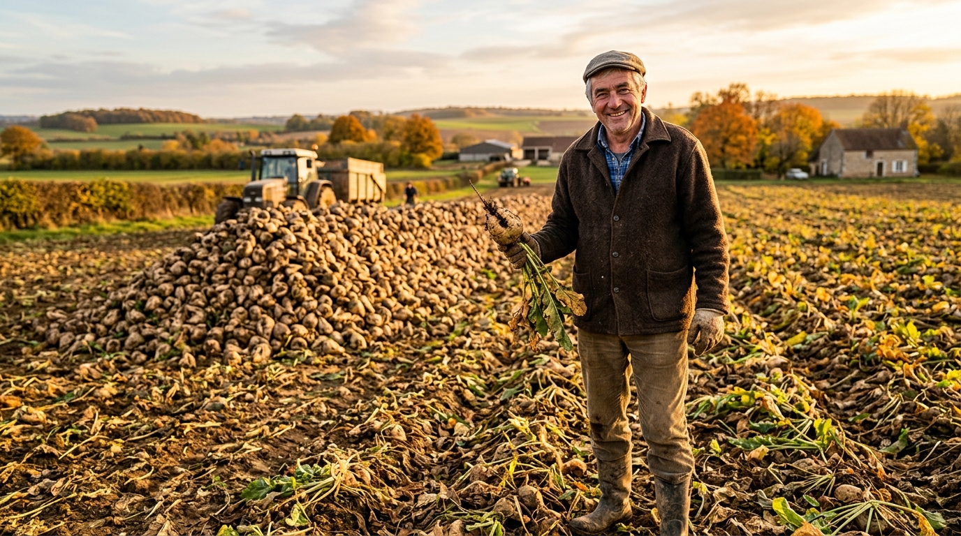 Agriculteur tenant une betterave sucrière en automne