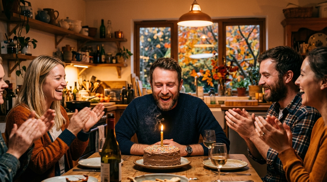 Homme souriant soufflant une bougie pour sa fête