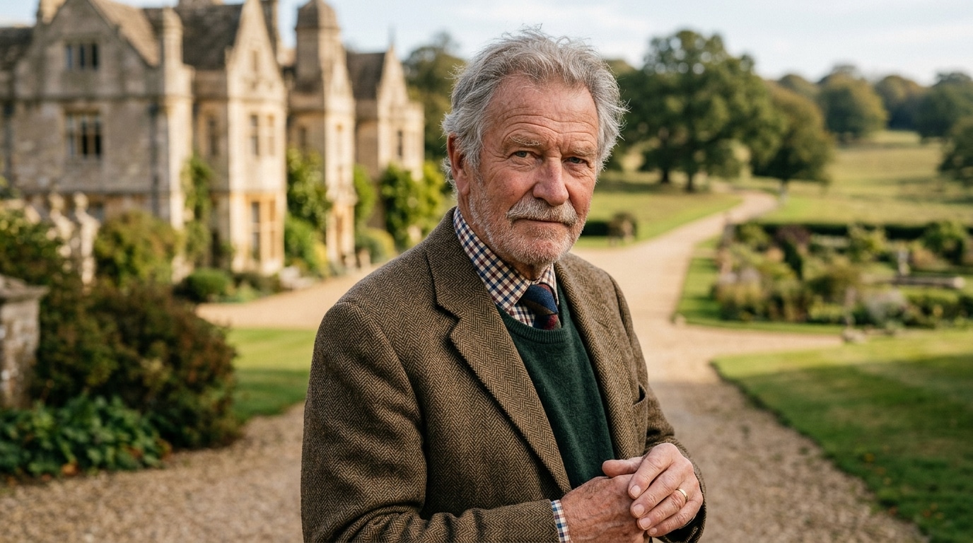 Homme âgé en veste de tweed devant un manoir anglais
