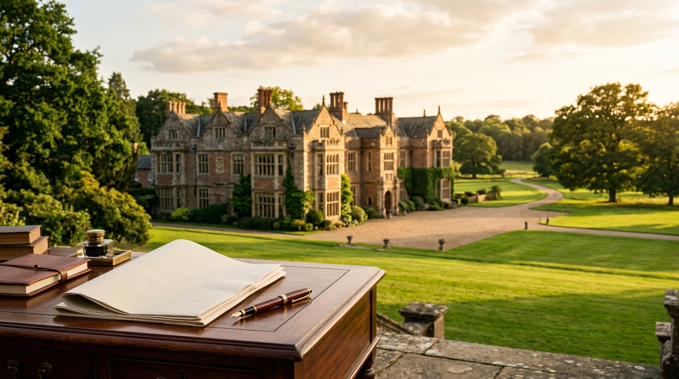 Manoir anglais et grand parc à la lumière dorée