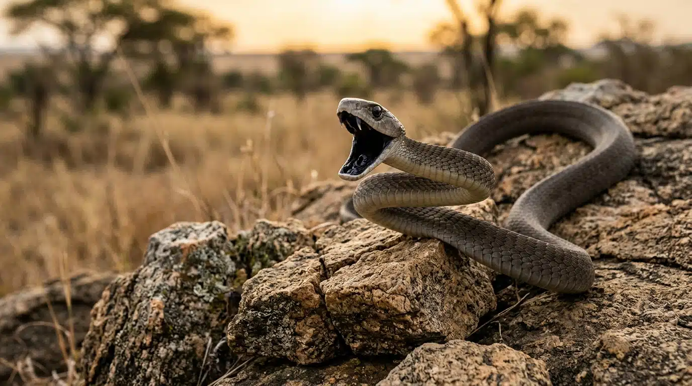 Serpent à la bouche noire ouverte sur des rochers de savane