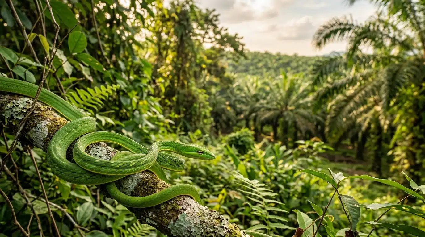 Serpent vert enroulé sur une branche en lisière de plantation