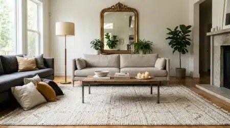 Grand tapis et luminaire dans un salon lumineux